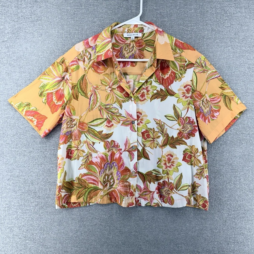 Rose + Olive Blouse Top Women Size Medium Orange Floral Button Up Short Sleeve